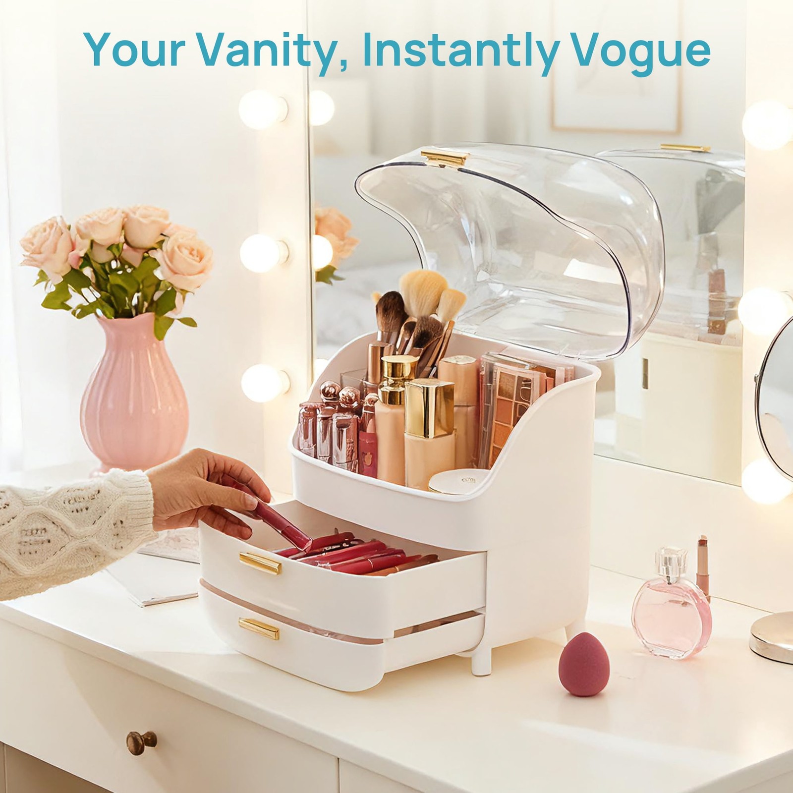 3-Tier Makeup Organizer with Drawers and Lid, Waterproof & Dustproof Skincare Or