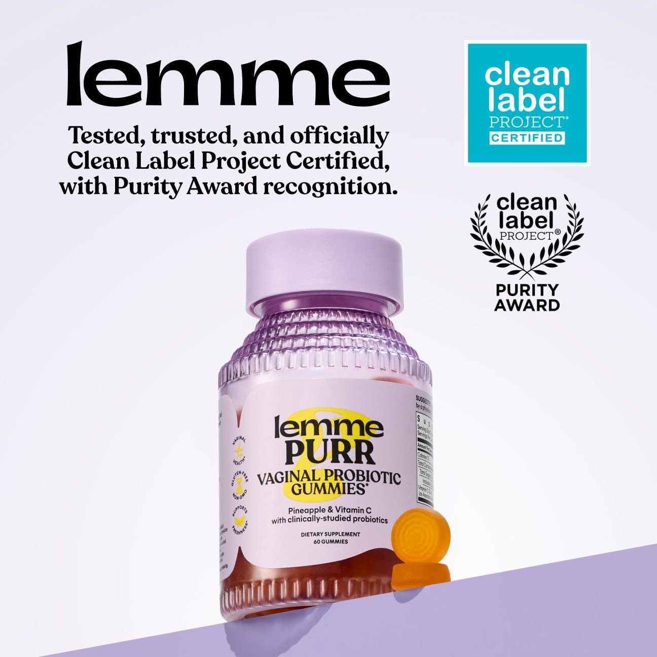 Lemme Purr Vaginal Probiotic Gummies Pineapple & Vitamin C 60 Count