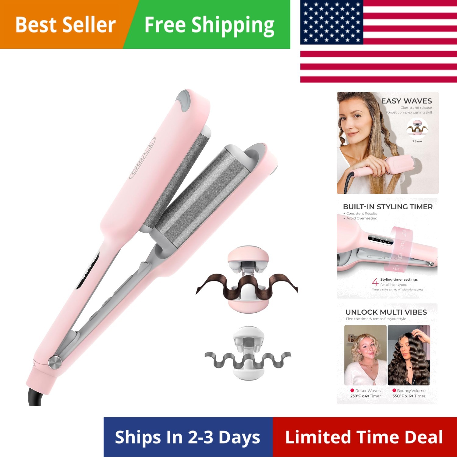 Curling Iron Hair Crimper Waver – ROVY Beach Waves Curling Wand, Ionic Deep W…
