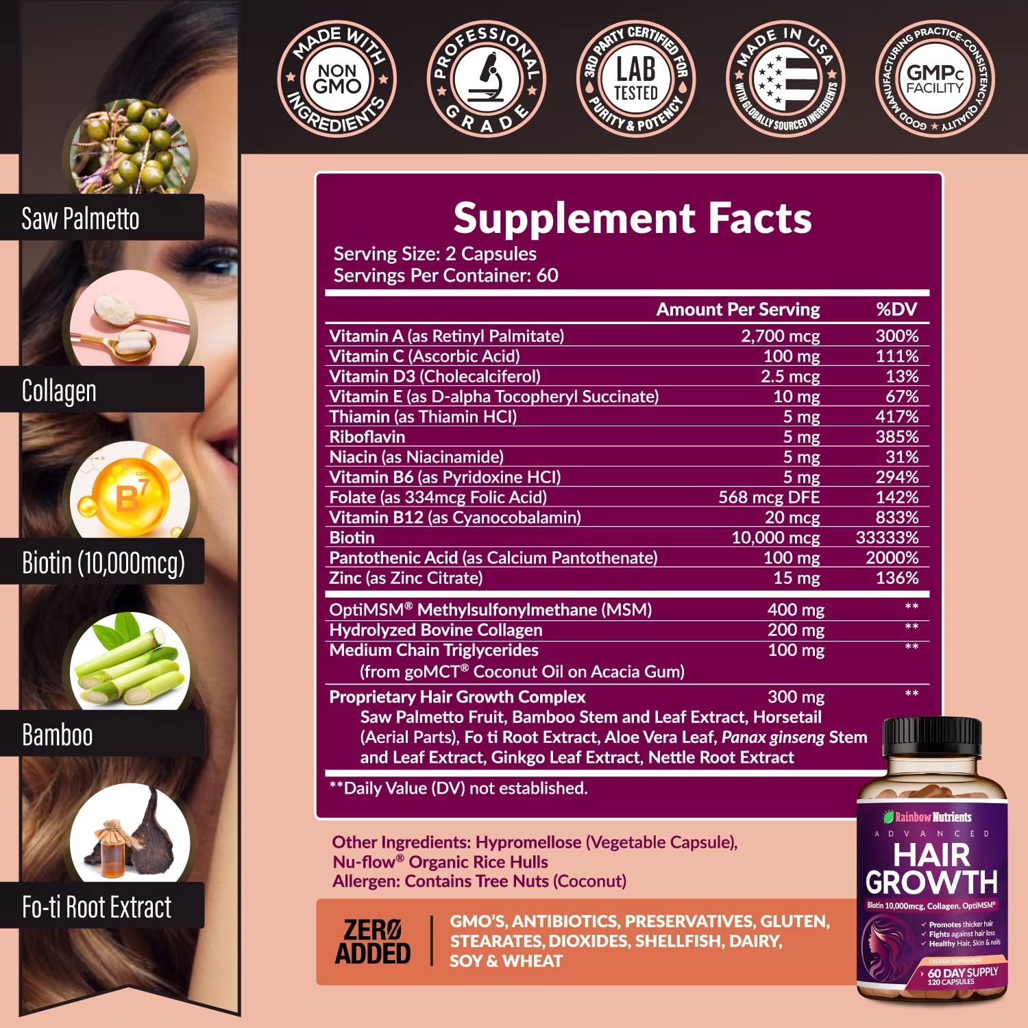 Hair Growth Vitamins for Women | Biotin 10000mcg Collagen Patented OptiMSM® g…
