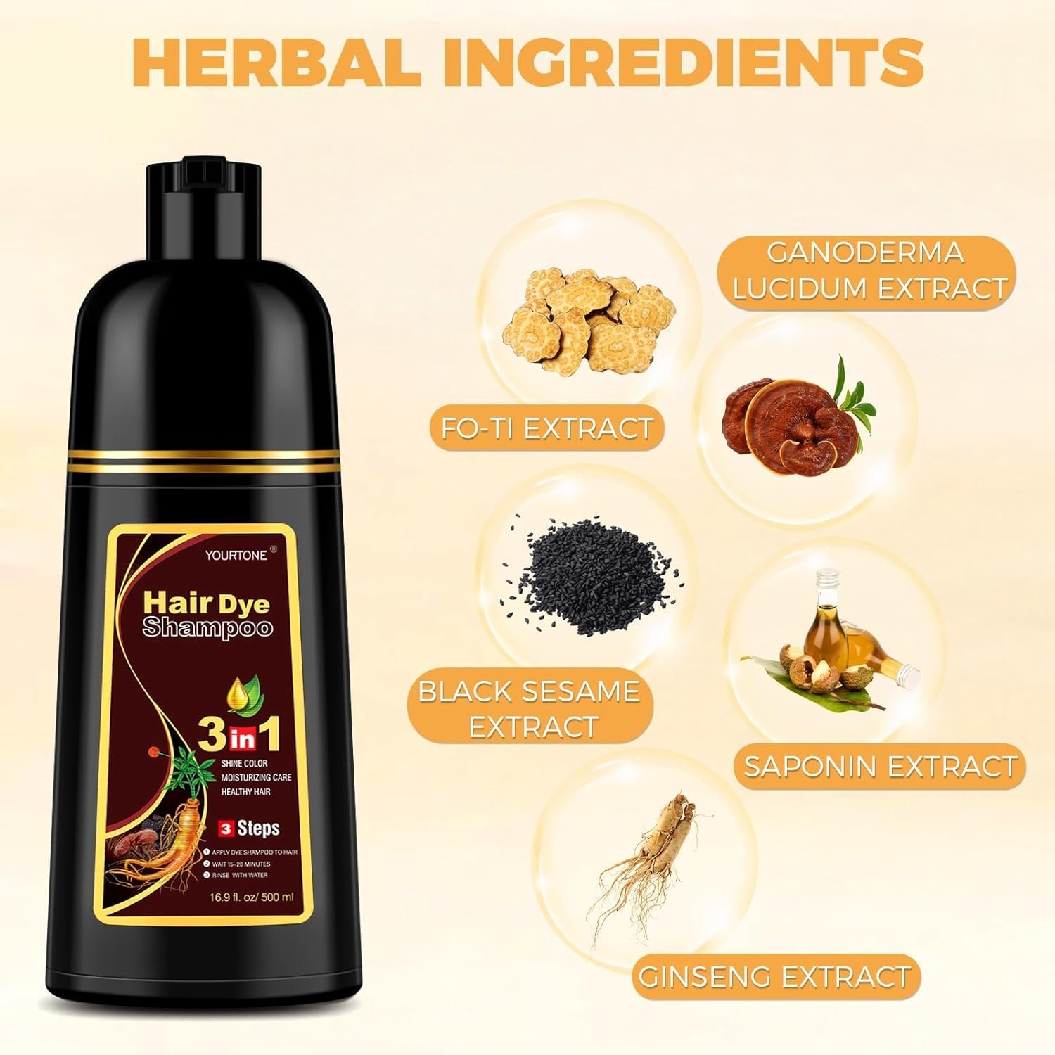 Black Hair Dye Shampoo 3 in 1 for Women/Men for Gray Coverage Instant Hair Color