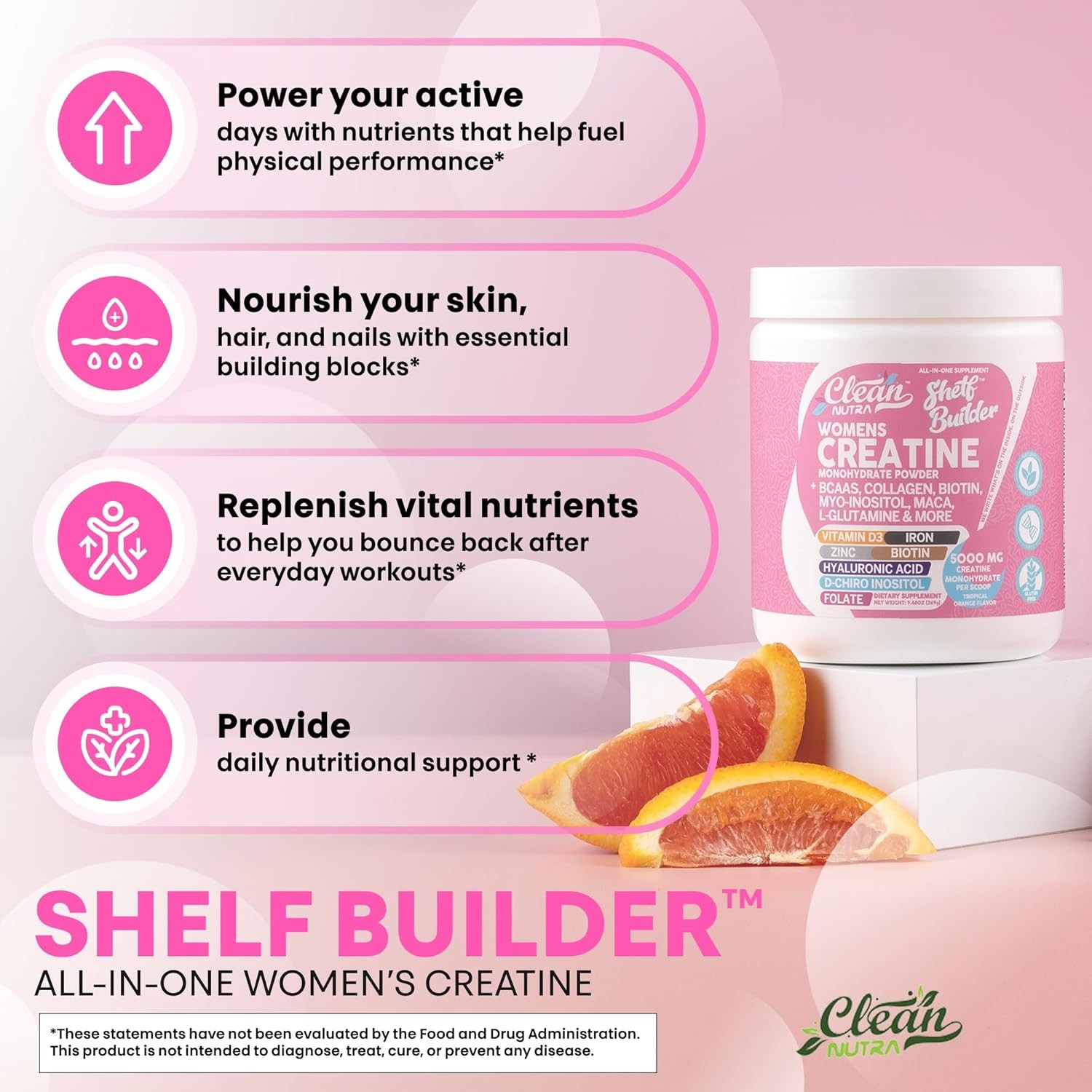 Clean Nutra Creatine for Women | Monohydrate + BCAA Powder, Collagen Biotin, D3