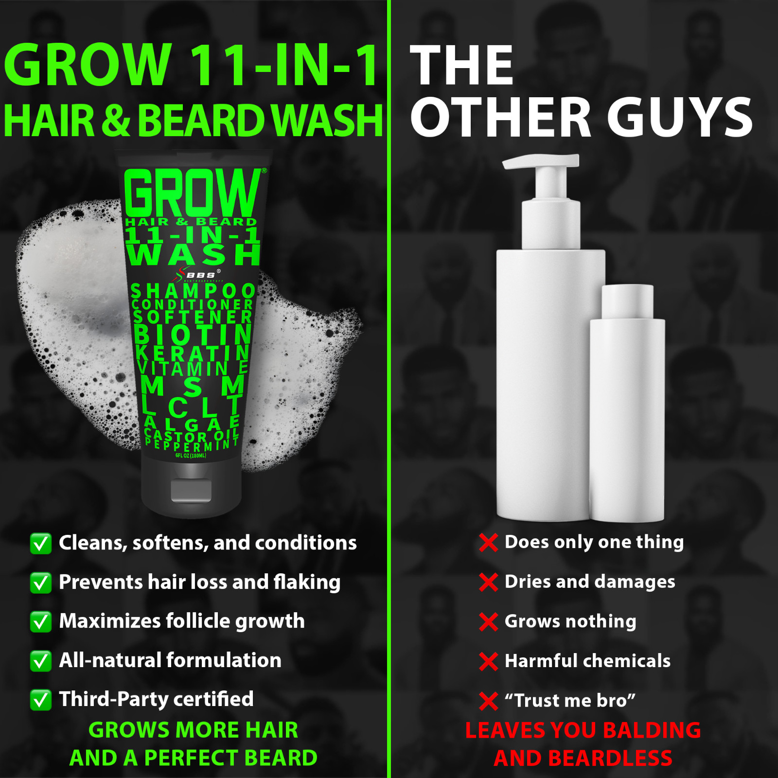 GROW® 11-in-1 Hair and Beard Wash Natural & Organic Vegan Friendly Softens Hair