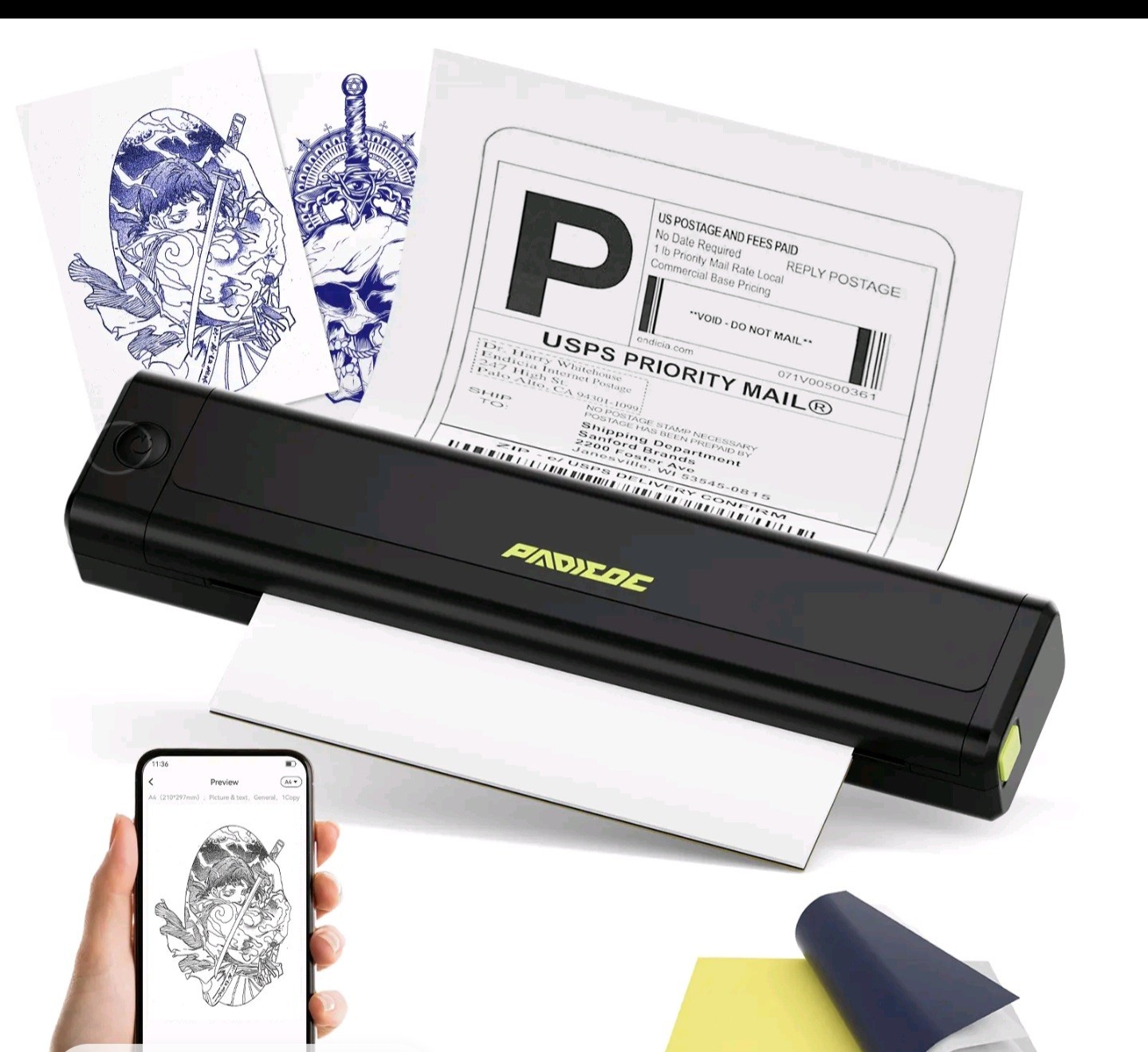 PAWDOE Tattoo Stencil Printer Thermal Copier, Bluetooth Inkless, Black