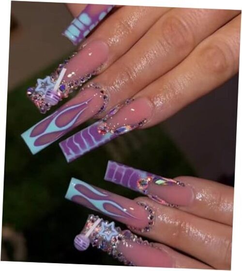 Press on Nails Extra Long – Square Press On Nails with 3D 19-Purple Lollipops