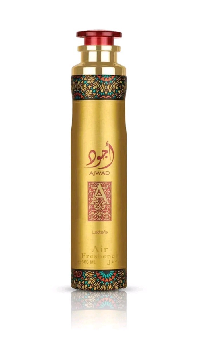 Lattafa Ajwad Eau de Parfum Spray 60 mL and Ajwad 300 mL air freshener spray.