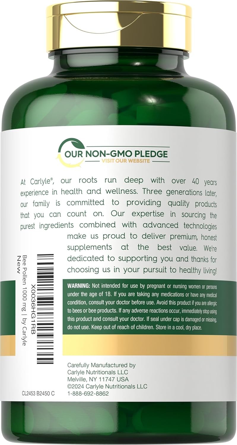 Bee Pollen 1000mg | 200 Caplets | With Royal Jelly and Bee Propolis | by Carlyle