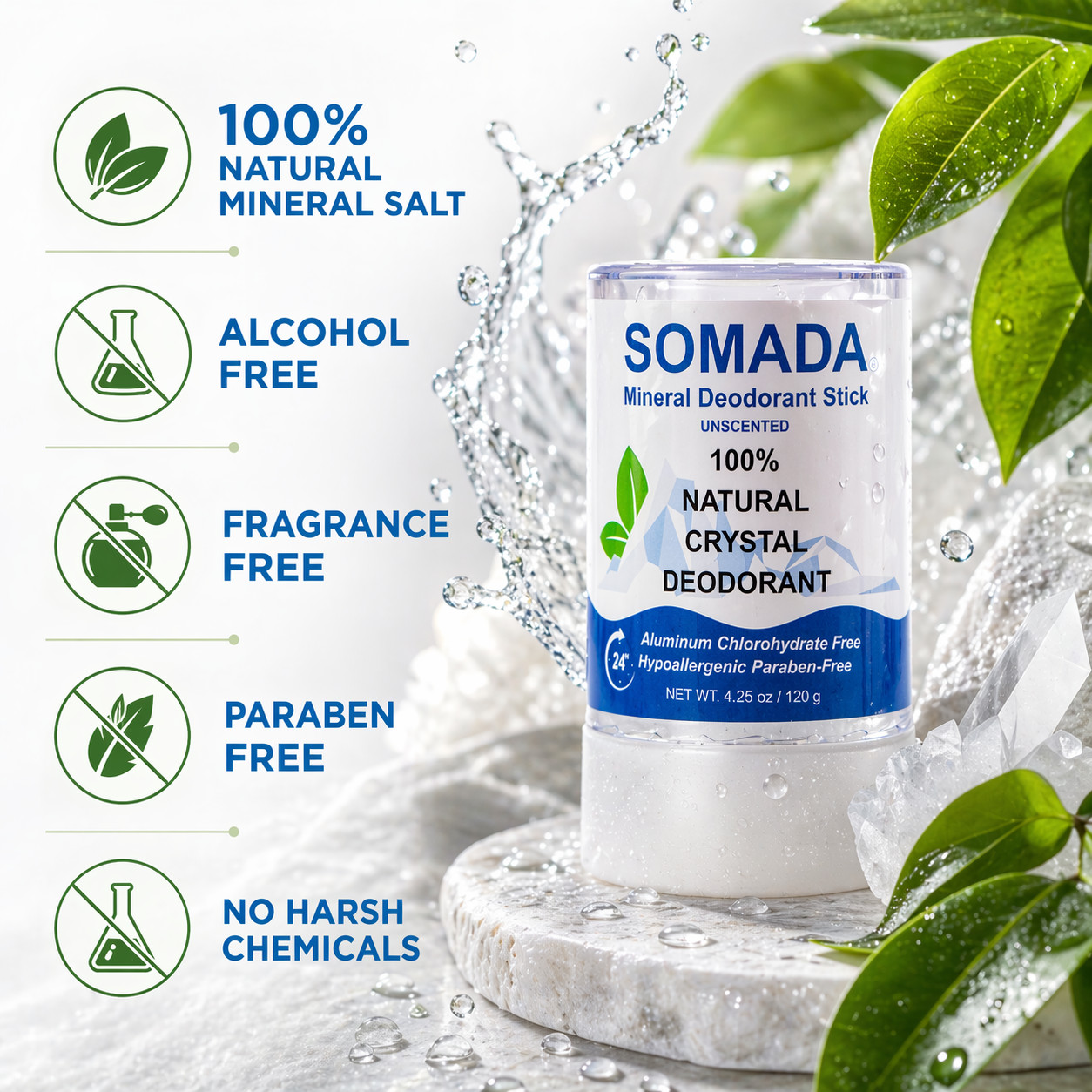 Crystal Deodorant Stick for Women and Men, 4.25 oz/120g – 100% Natural