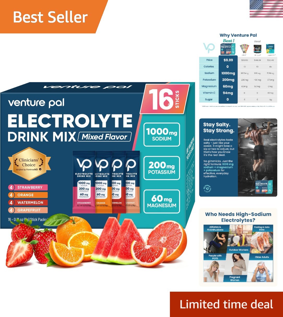 Travel-Friendly Electrolyte Mix – Sugar-Free, Hydration (Pack of 16)