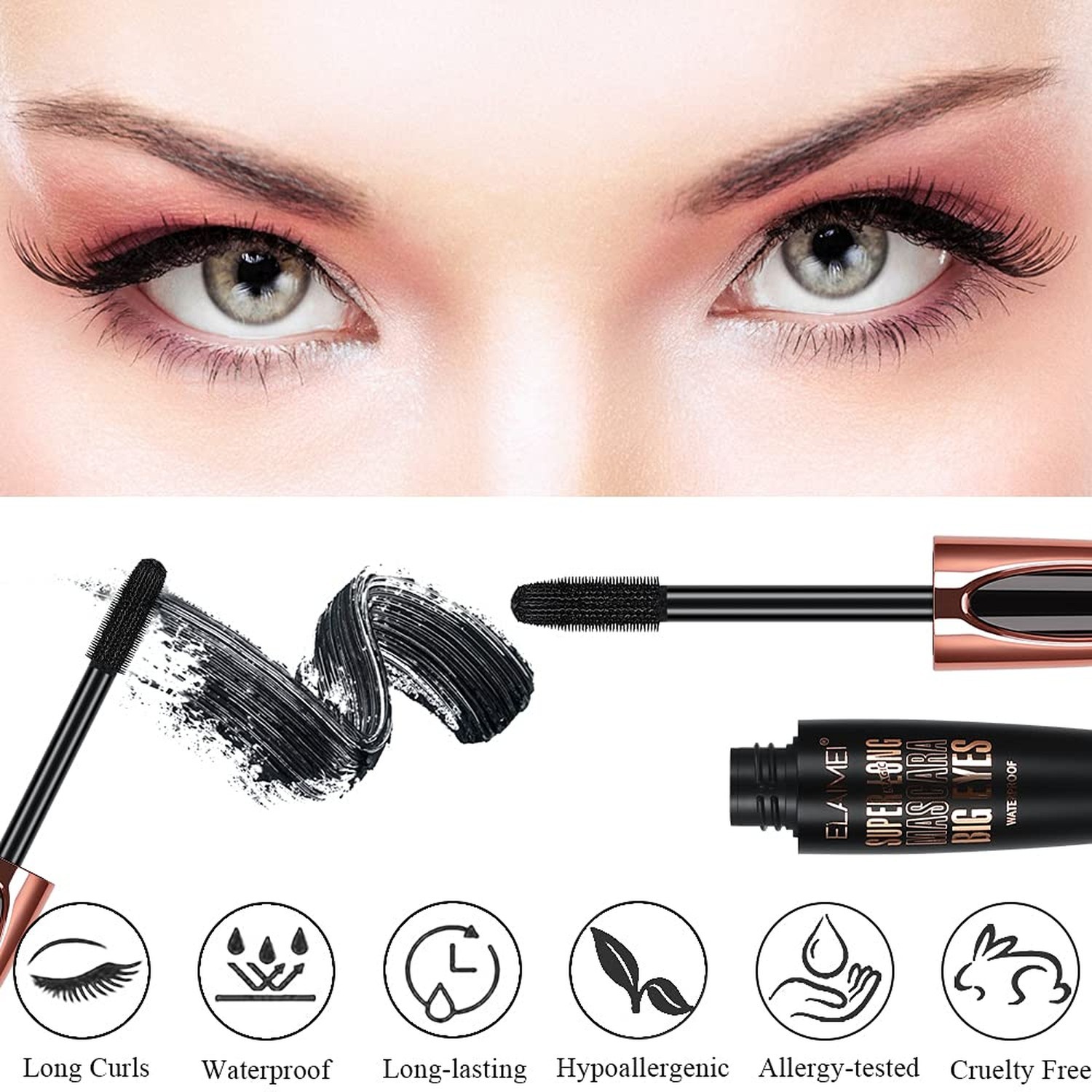 2 Pack Mascara Black Volume and Length, Natural Waterproof Smudge-Proof 4D Si…