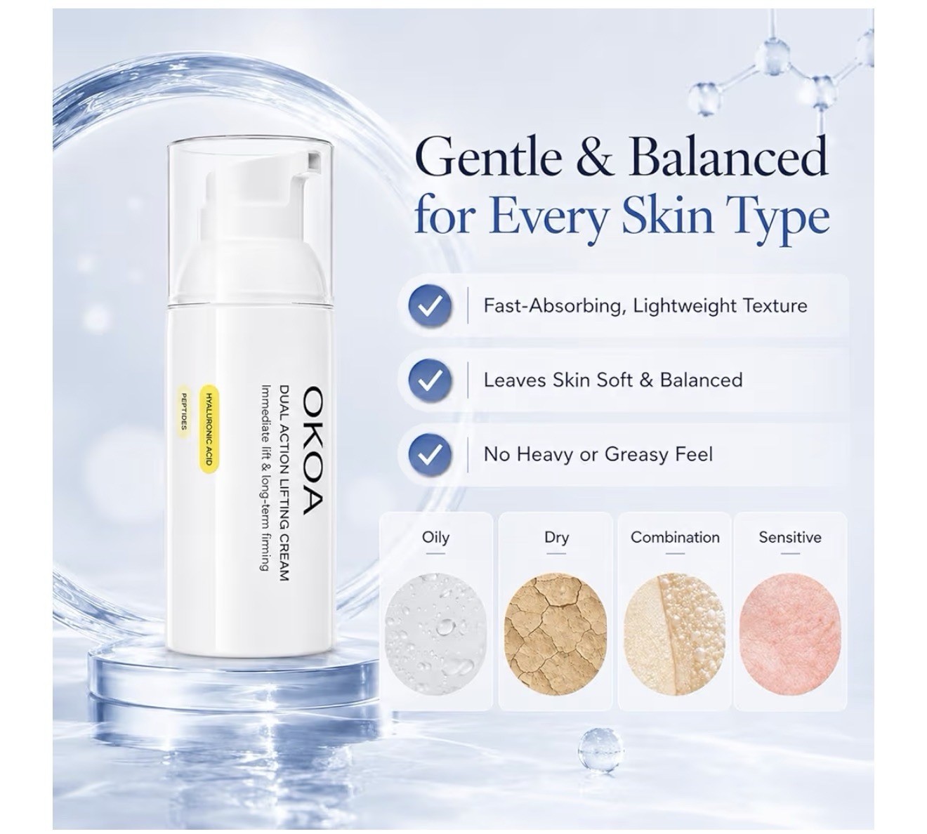 OKOA Dual Action Lifting Cream w/ Peptides & Hyaluronic Acid Face/Neck