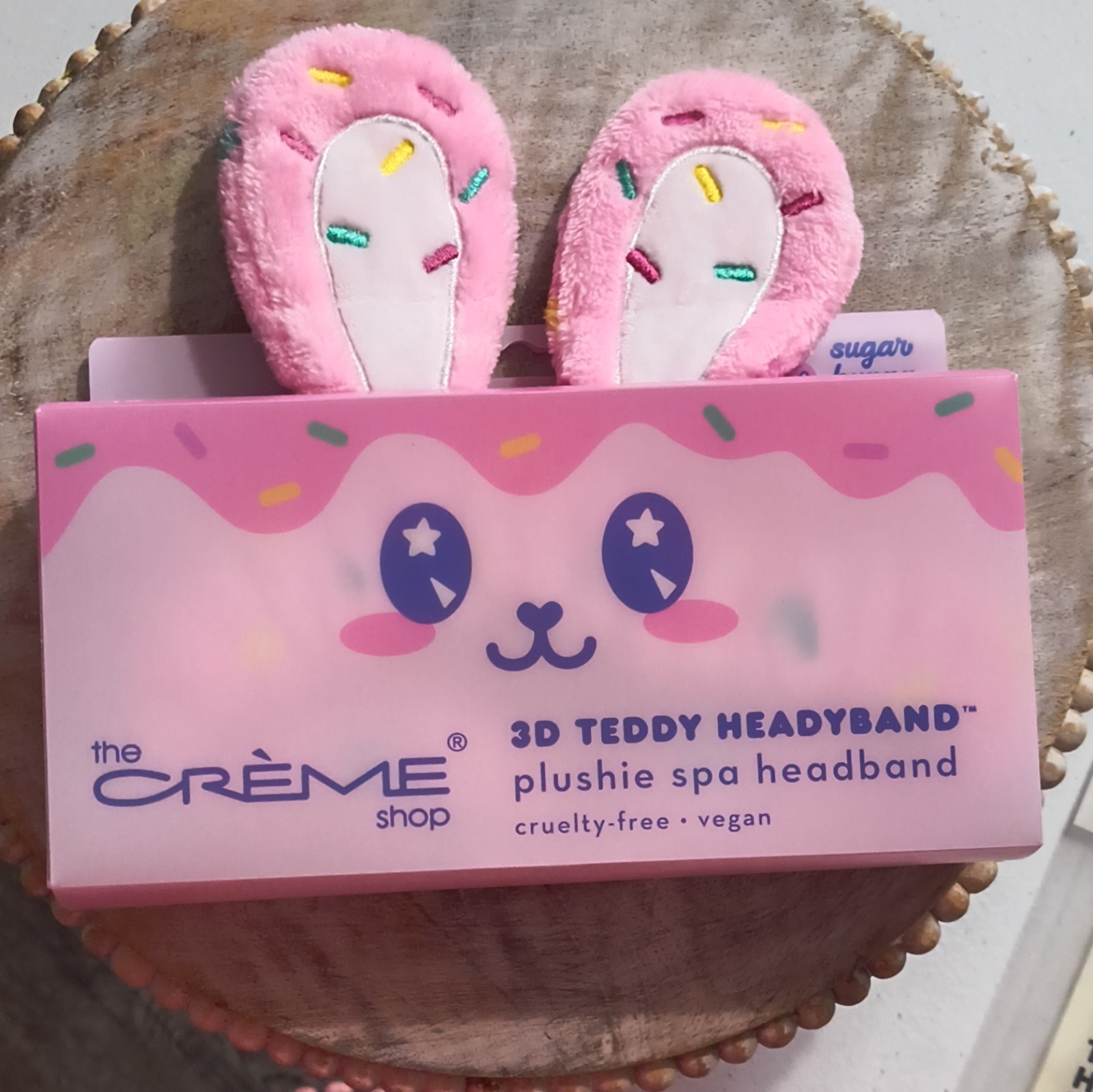 The Crème Shop Plush 3D Bunny Spa Headband, Pink/Multicolor, Vegan Cruelty-Free