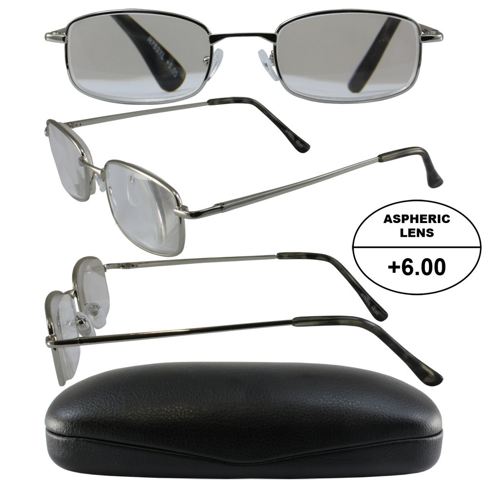 Men’s Hi Power Reading Glasses Silver Frame & Case +6.00 Magnification Lens