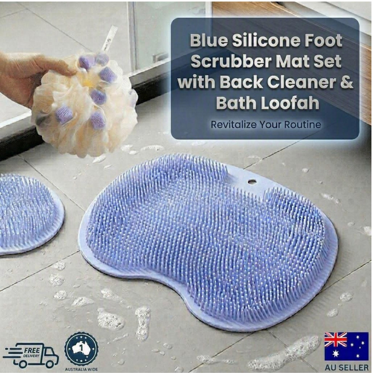 3PC Foot Scrubber Mat Set with Premium Bath Loofah Exfoliating Blue