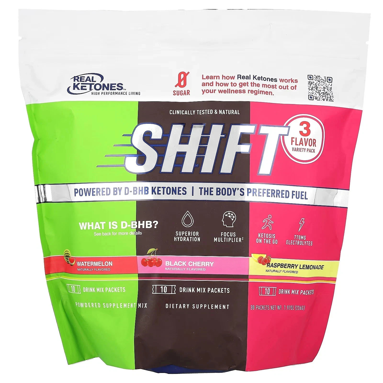 Real Ketones SHIFT Variety Pack, Watermelon, Black Cherry, Ras Lemonade, 30 Days