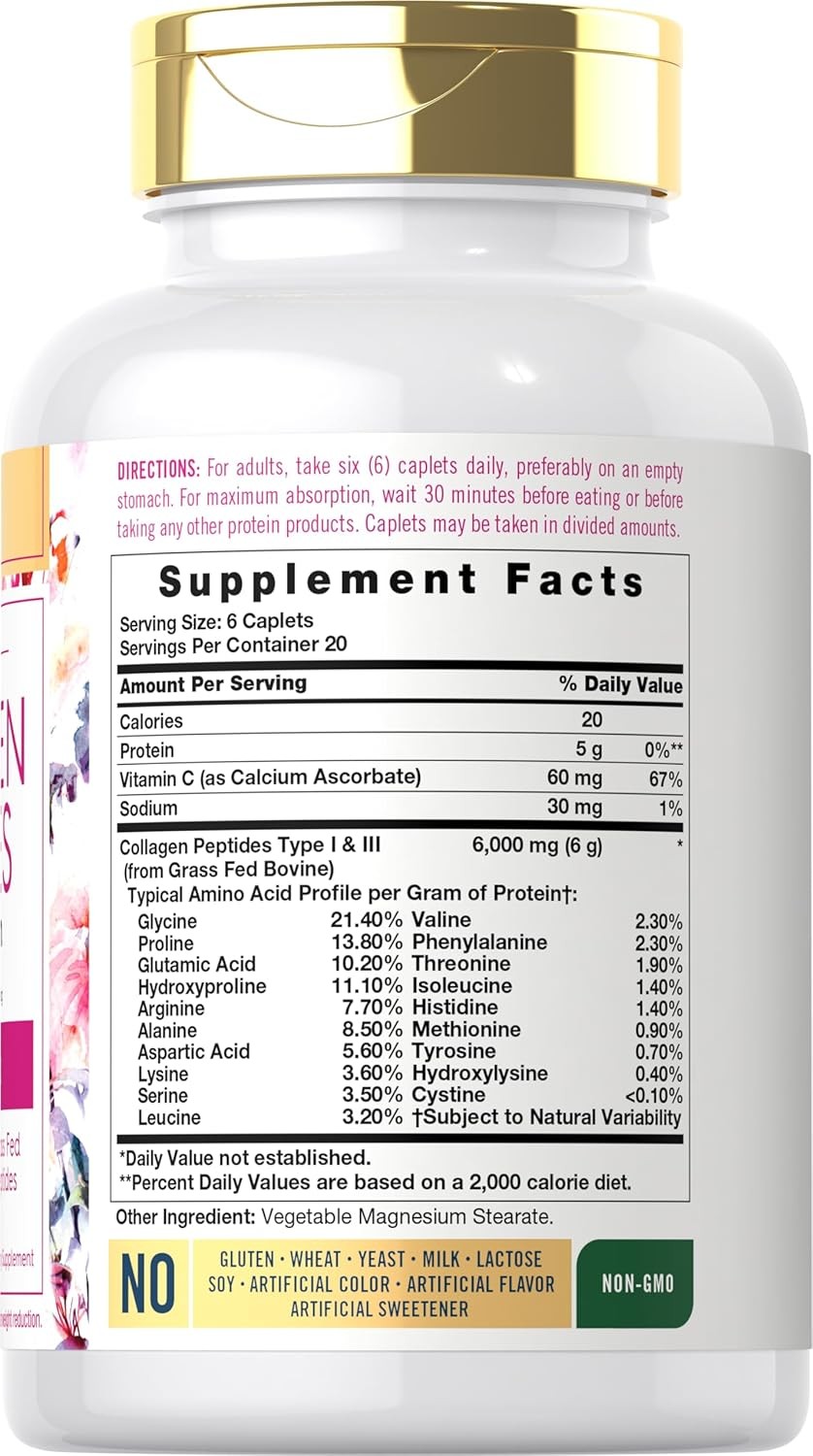 Collagen Peptides Pills 6000 mg | 120 Caplets | Type 1 & 3, Vitamin C | Carlyle