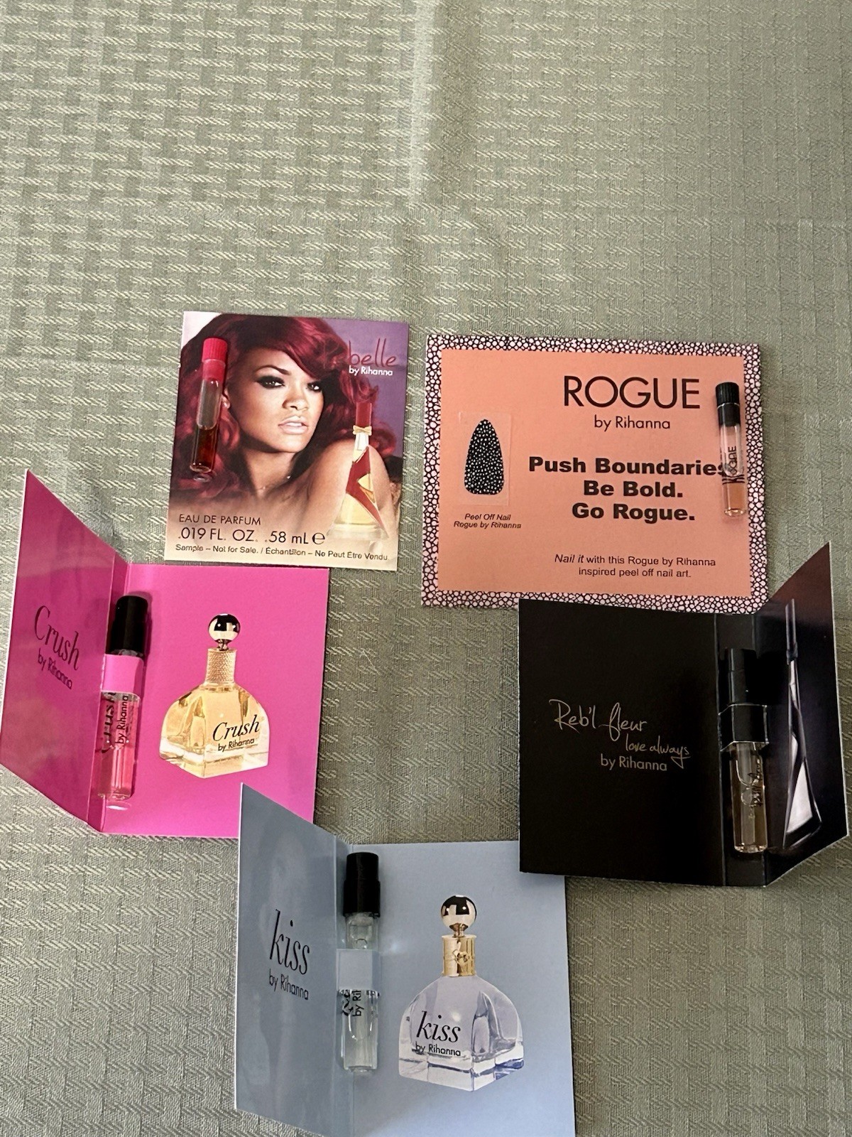 5 Rihanna Perfume Samples- Crush, Reb’l Fleur, Kiss, Rogue, Rebelle -NEW