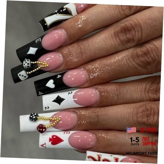 Pink & Black Poker Theme Long Square Press on Nails with Black & White Dice