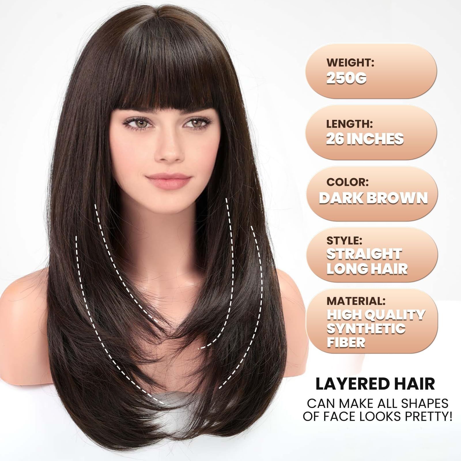 Brown Long Straight Wig with Bangs Layered Heat Resistant Synthetic Full Wig