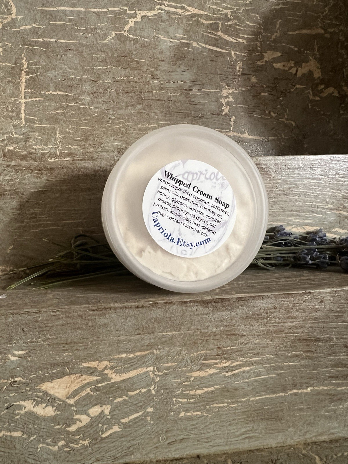 Jar of Whipped Cream Goat Milk Soap with Honey and Comfrey handmade