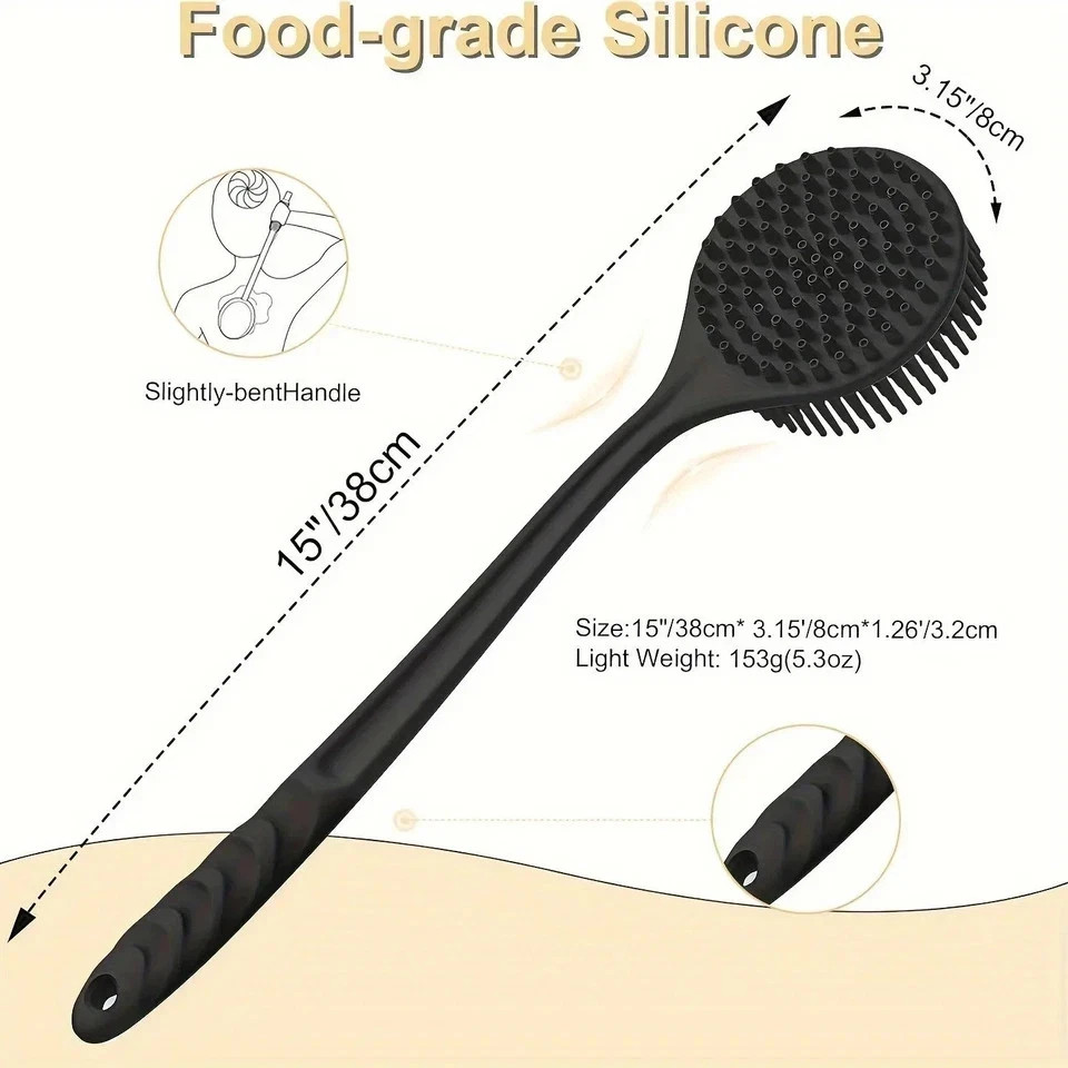 Long Handle Silicone Back Scrubber, Double Sided Bath Body Brush for Shower Men