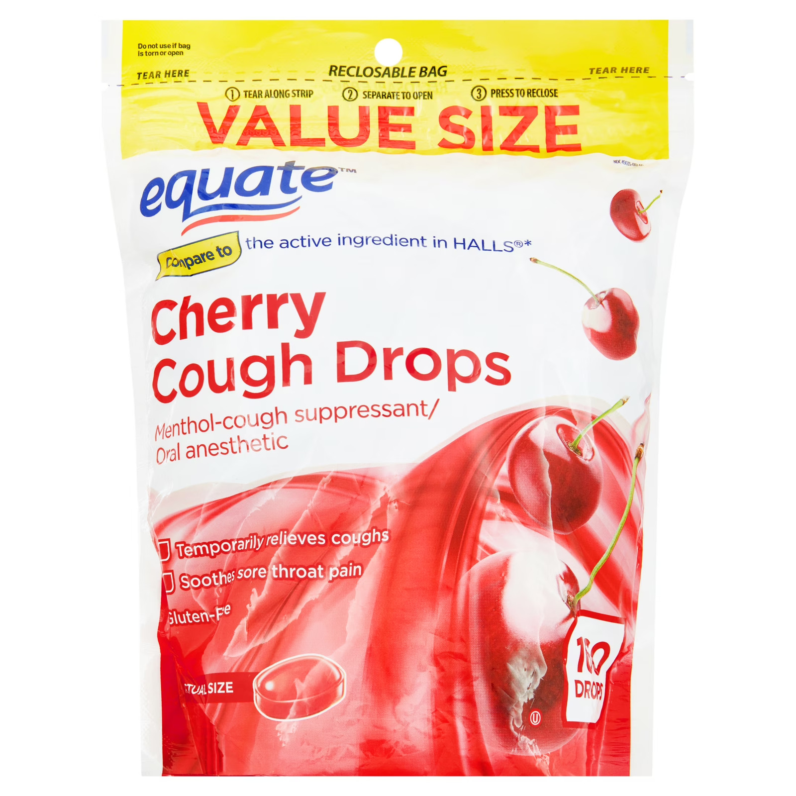 Equate Sore Throat & Cough Relief Menthol Cough Drops, Cherry Flavor, 160 Count