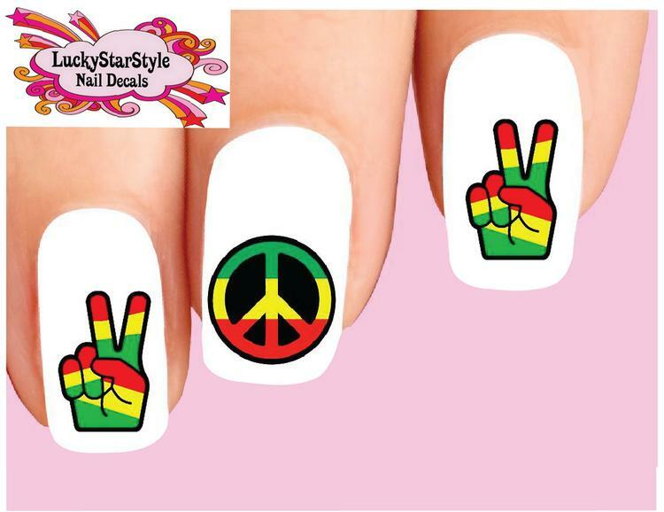 Waterslide Rasta Nail Decals Set of 20 – Jamaica Rastafarian Peace Sign Assorted