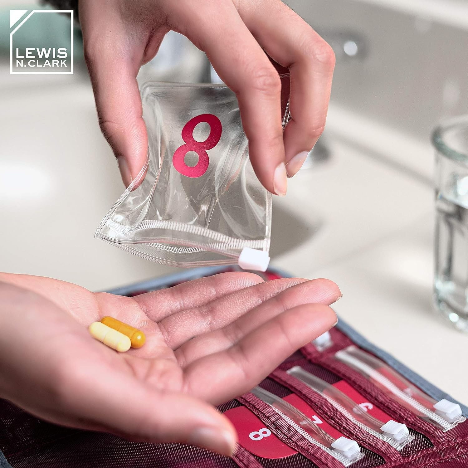 Travel-Safe 16-Compartment Pill Organizer with Slide-Lock Pockets in Red