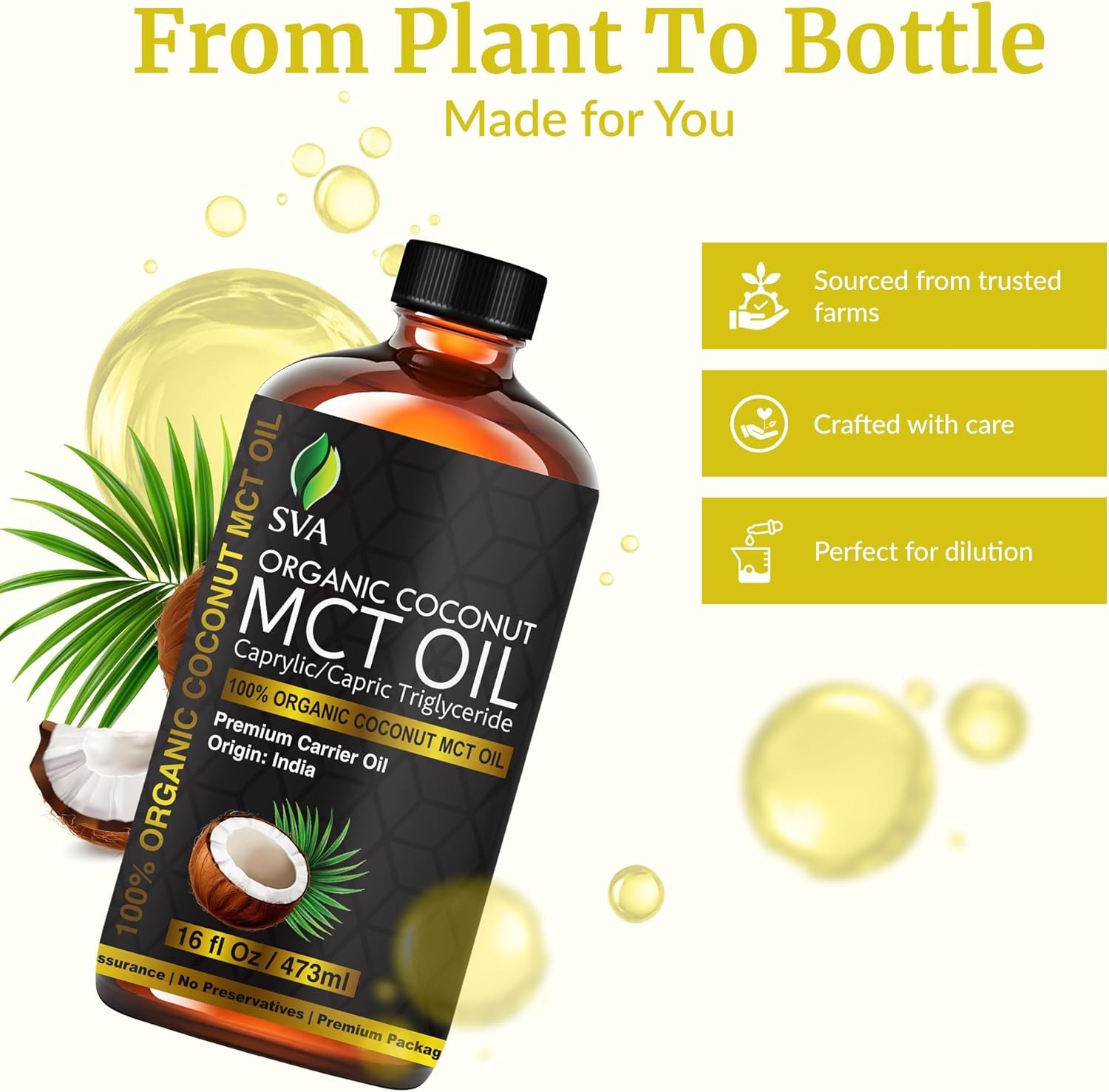 SVA MCT Oil Organic – 16 Fl Oz – 100% Natural Cold Pressed Organic MCT Oil – for
