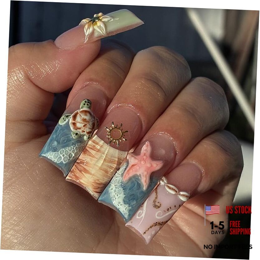 Long Square Press on Nails,Handmade Acrylic Press on Nails with Color 38