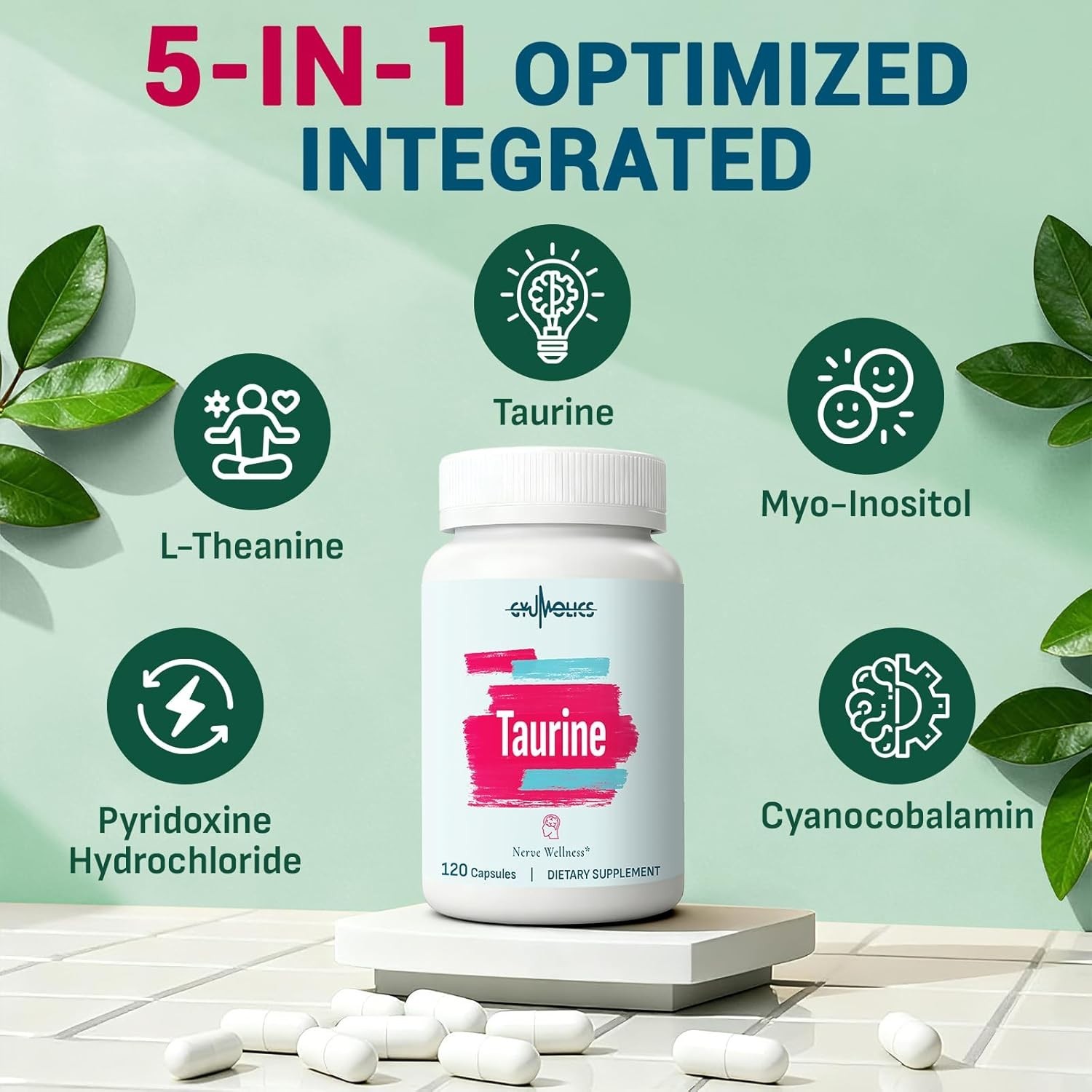 Gyumolics Taurine 2000mg, Amino Acid w/ L-Theanine, Inositol, B6 & B12, 120 Caps