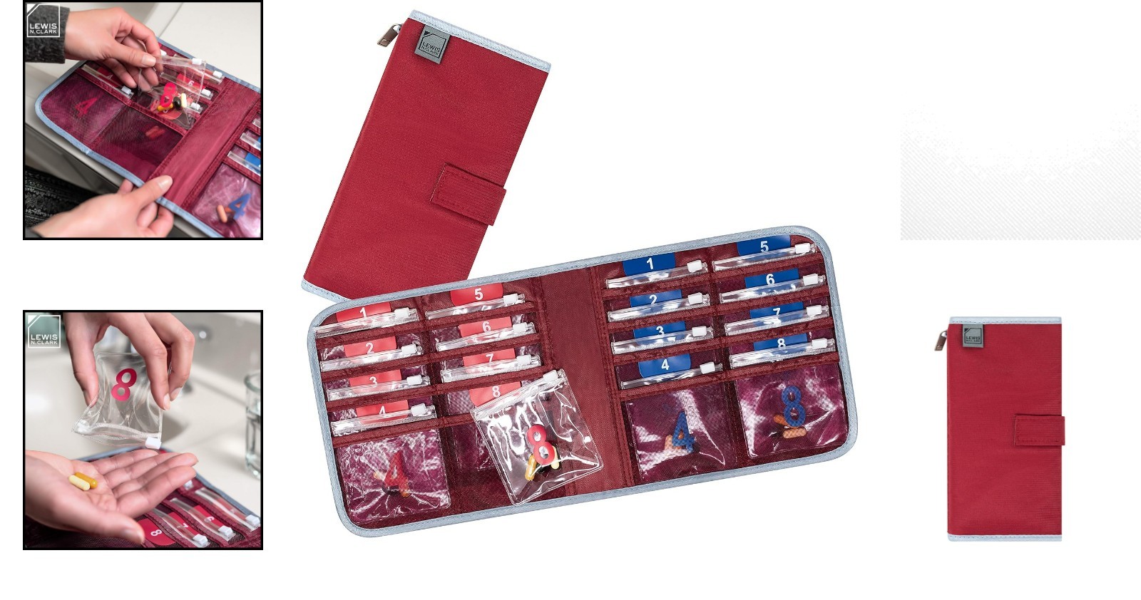Travel-Safe 16-Compartment Pill Organizer with Slide-Lock Pockets in Red