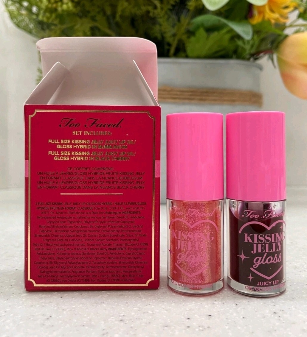 Too Faced Kissing Jelly Perfect Pair Bubblegum & Black Cherry Lip Oils – New