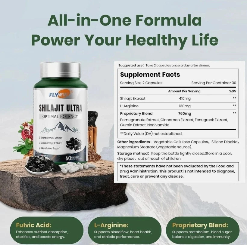Shilajit Ultra Optimal Potency, Pure Shilajit Extract Flynew with L-Arginine,