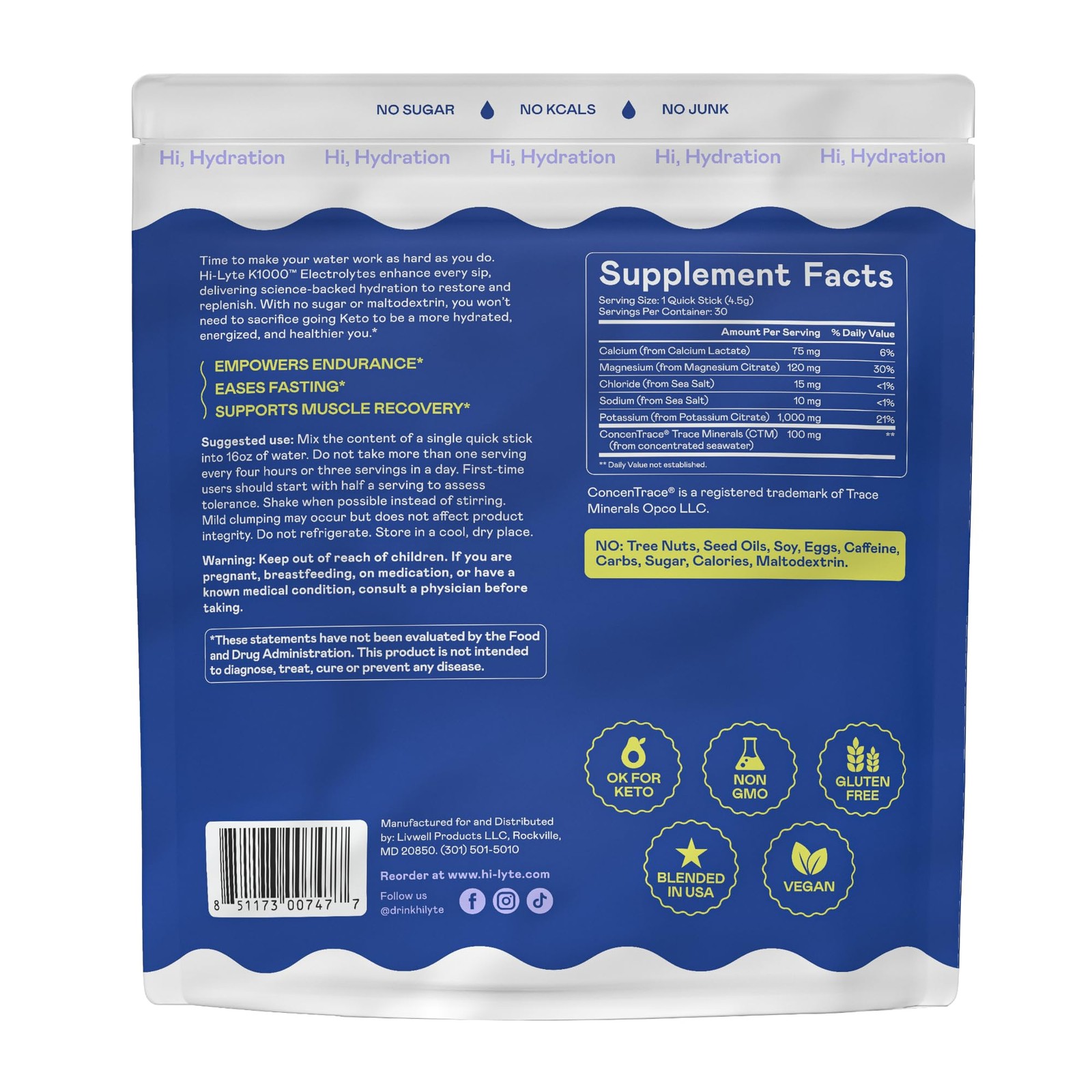 Hi-Lyte K1000 Hydration Packets Unflavored Keto Performance 30 Servings