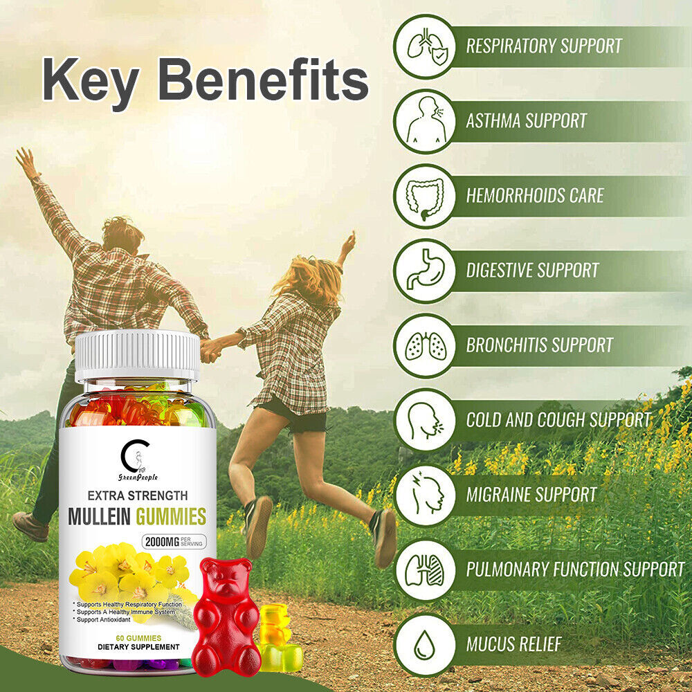 100% Natural Mullein Leaf Gummies Extra Strength Detox Cleanse Lung Health 60pcs