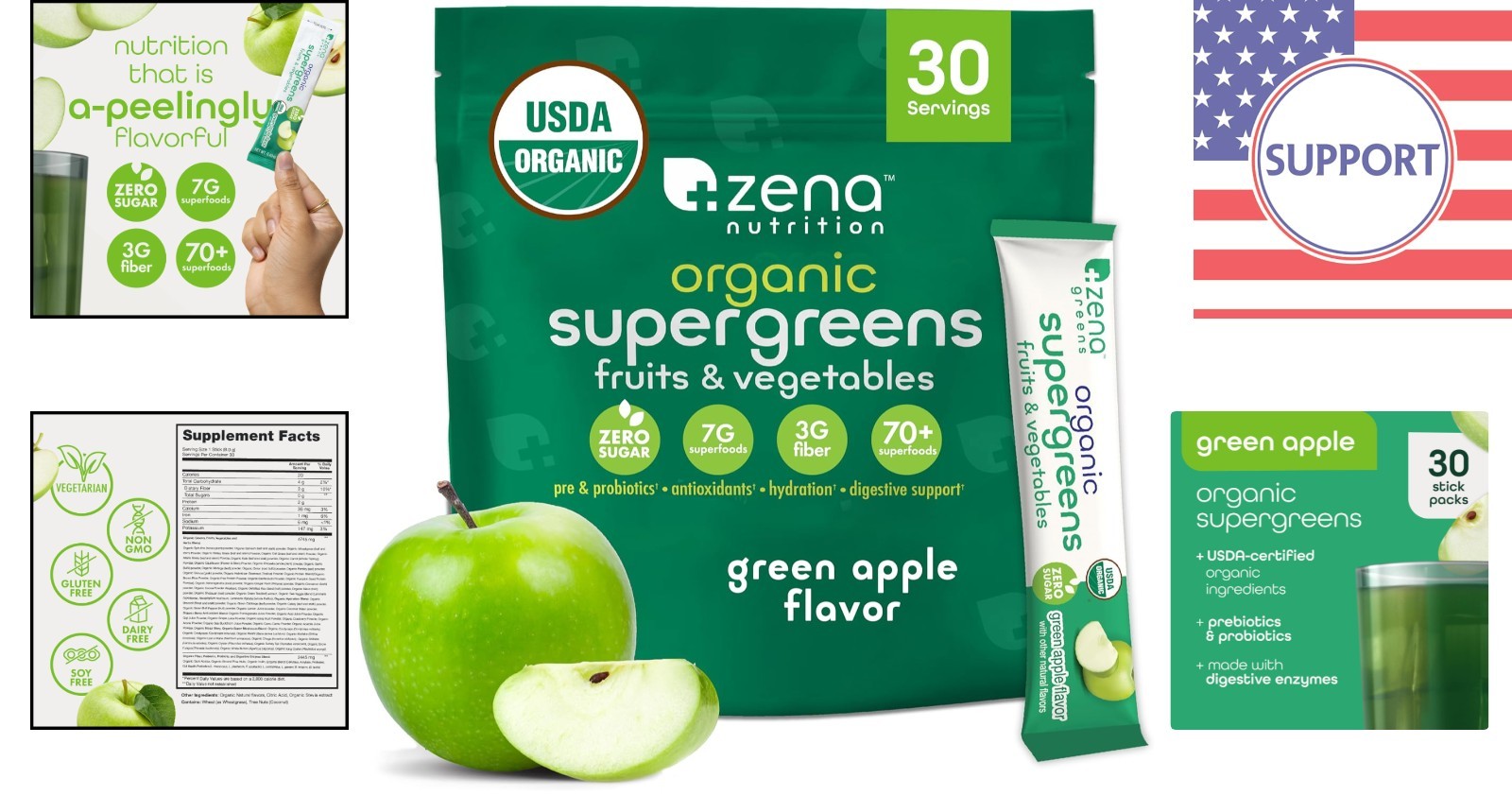 Organic Super Greens Powder with 70+ Superfoods & 0 Sugar – Green Apple, 30 Pack