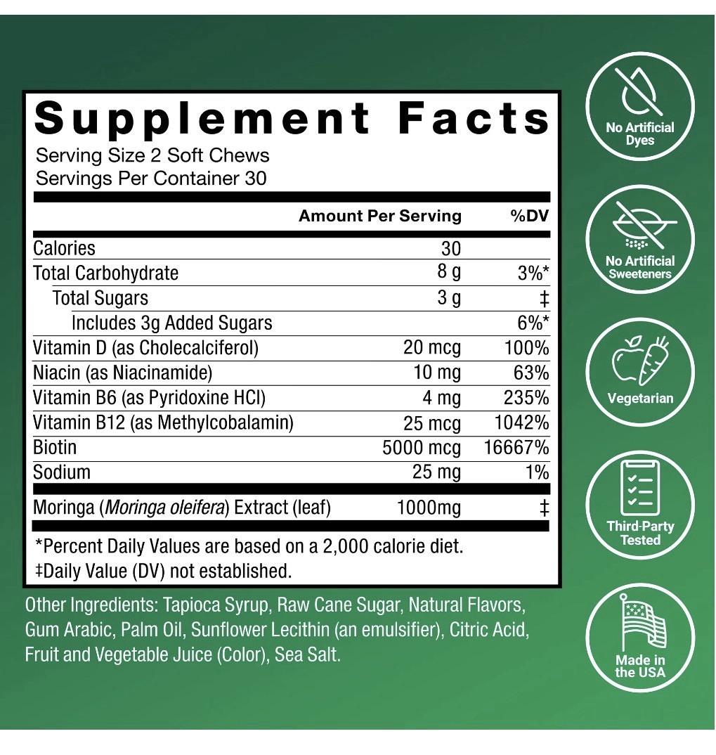 Force Factor Modern Moringa Energy Hair Skin Nails Immune B Vitamins 60 Chews..