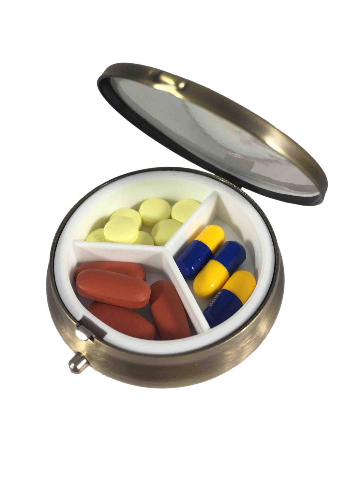 Brass Vintage Small Daily Medication Pill Box Pocket Travel Organizer Case-Round