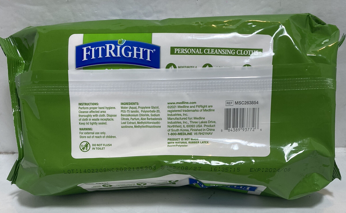 FitRight Aloe Fragrance Free Personal Cleansing Cloths. 100 Count. Exp 08/2024