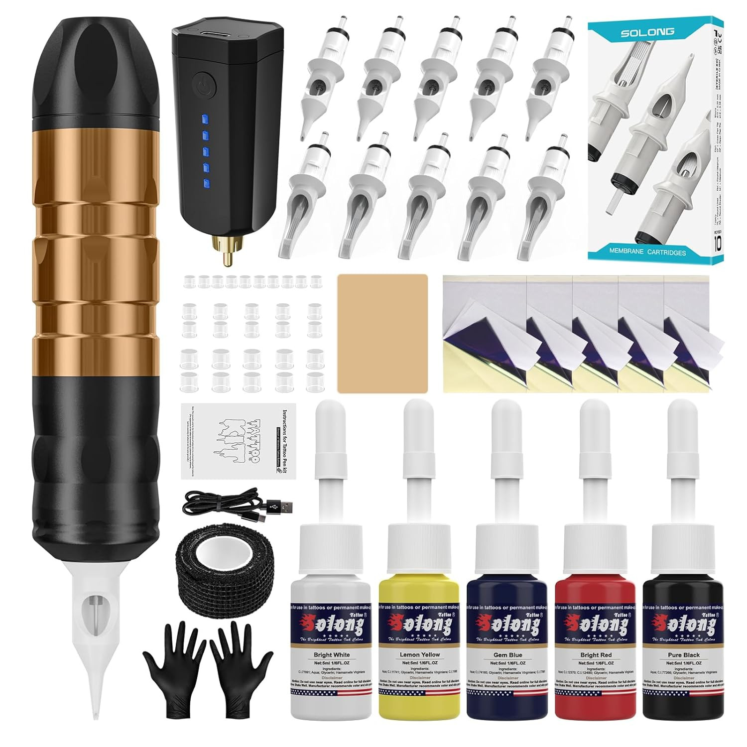 Professional Cordless Tattoo Gun Kit with Rechargeable Battery and Inks