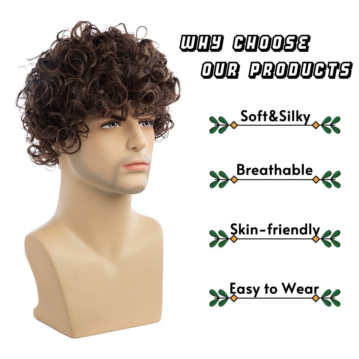 Men Brown Short Curly Wig Fluffy Synthetic Fiber Hair Wigs for Men Daily Wig