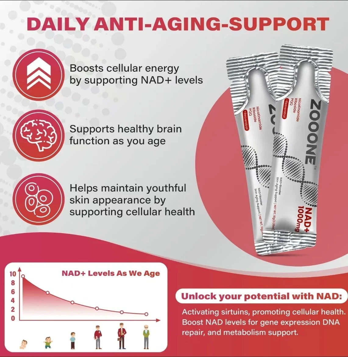 ZOOONE 1000mg NAD+ Berry Drink Mix 30 Pack Anti-Aging Energy Focus Support