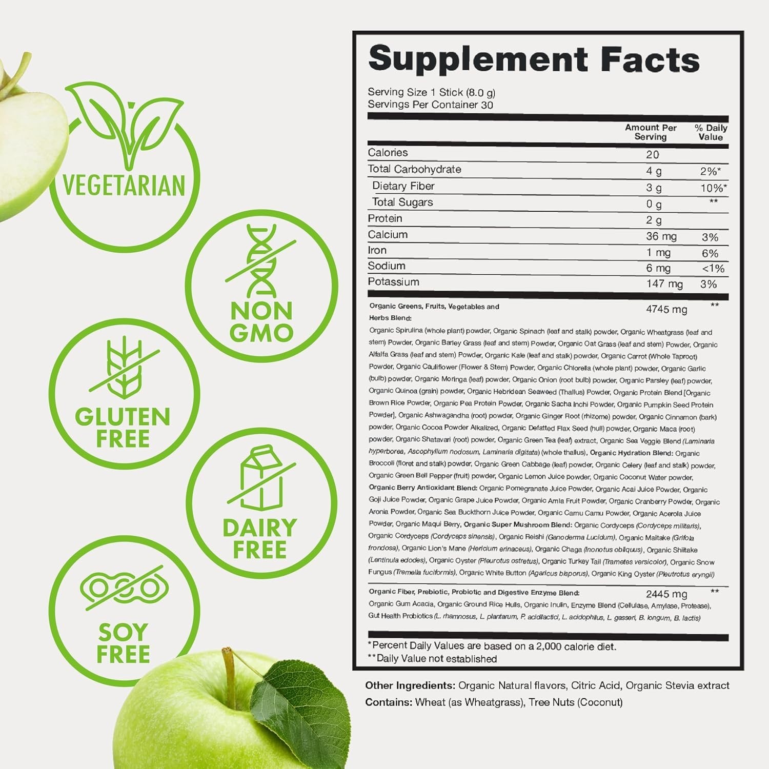 Organic Super Greens Powder with 70+ Superfoods & 0 Sugar – Green Apple, 30 Pack