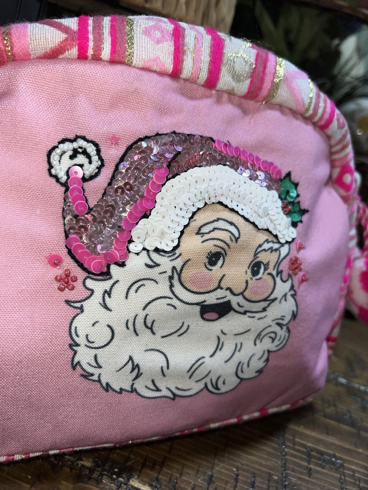 Jane Marie Pink Sequin Santa Makeup Bag Zipper Pouch 8.75 in x 7 in