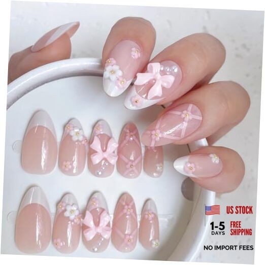 Coquette Bow Press-On Nails, 24pcs Blush Pink French Tip Almond Ballet Blush