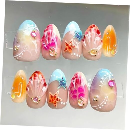 30Pcs Summer Beach Press on Nails Short Almond Fake Nails with 3D Colorful-14