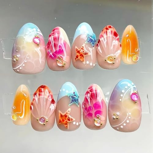 30Pcs Summer Beach Press on Nails Short Almond Fake Nails with 3D Colorful-14
