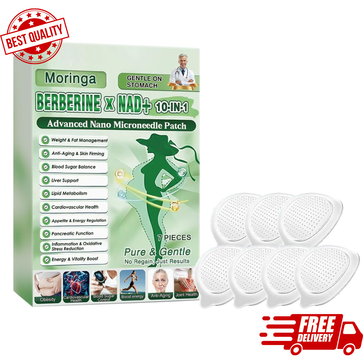 10-in-1 Moringa Berberine Weight Loss Patch Nano Microneedle Slimming 7pcs