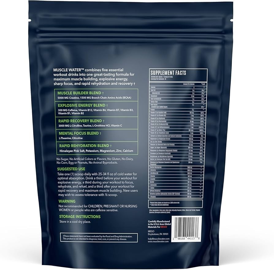 Muscle Water Pre Workout Powder Muscle+Pump+Energy 20+ Supplements (Green Apple)